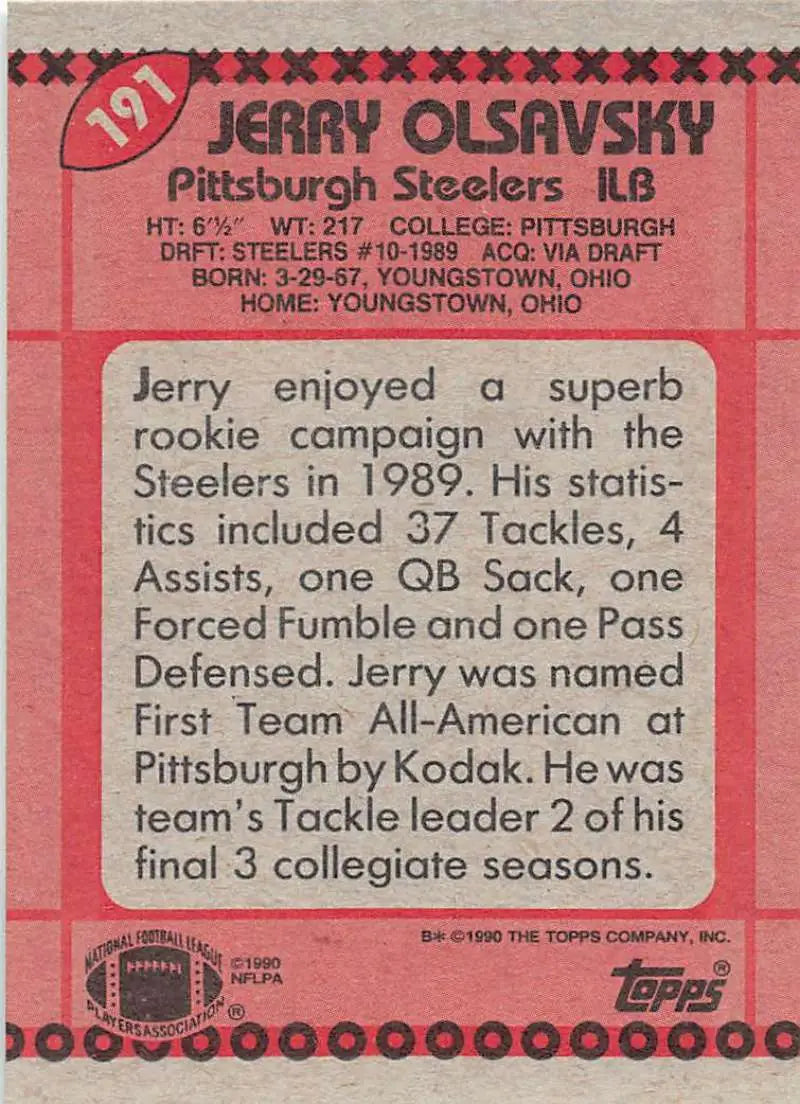 1990 Topps #191 Jerry Olsavsky EX Excellent RC Rookie Pittsburgh Steelers Football Card - Football Card Single