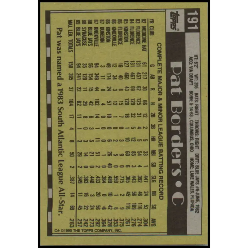 1990 Topps #191 Pat Borders NM-MT Toronto Blue Jays Baseball Card - Baseball Card Single