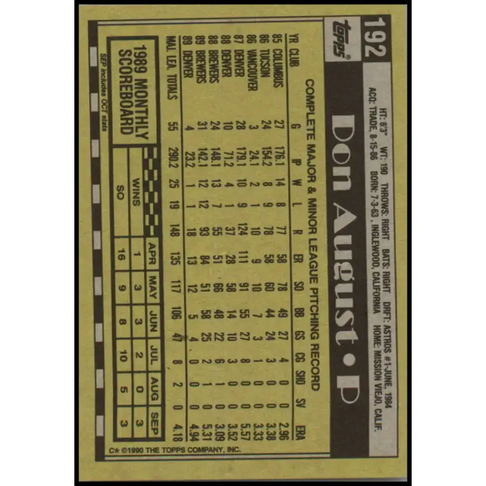 1990 Topps #192 Don August NM-MT Milwaukee Brewers Baseball Card - Baseball Card Single
