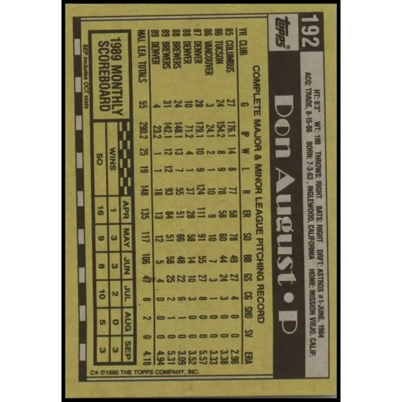 1990 Topps #192 Don August NM-MT Milwaukee Brewers Baseball Card - Baseball Card Single