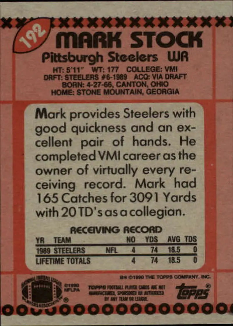 1990 Topps #192 Mark Stock EX Excellent Pittsburgh Steelers Football Card - Football Card Single