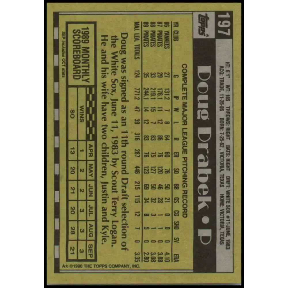 1990 Topps #197 Doug Drabek NM-MT Pittsburgh Pirates Baseball Card - Baseball Card Single