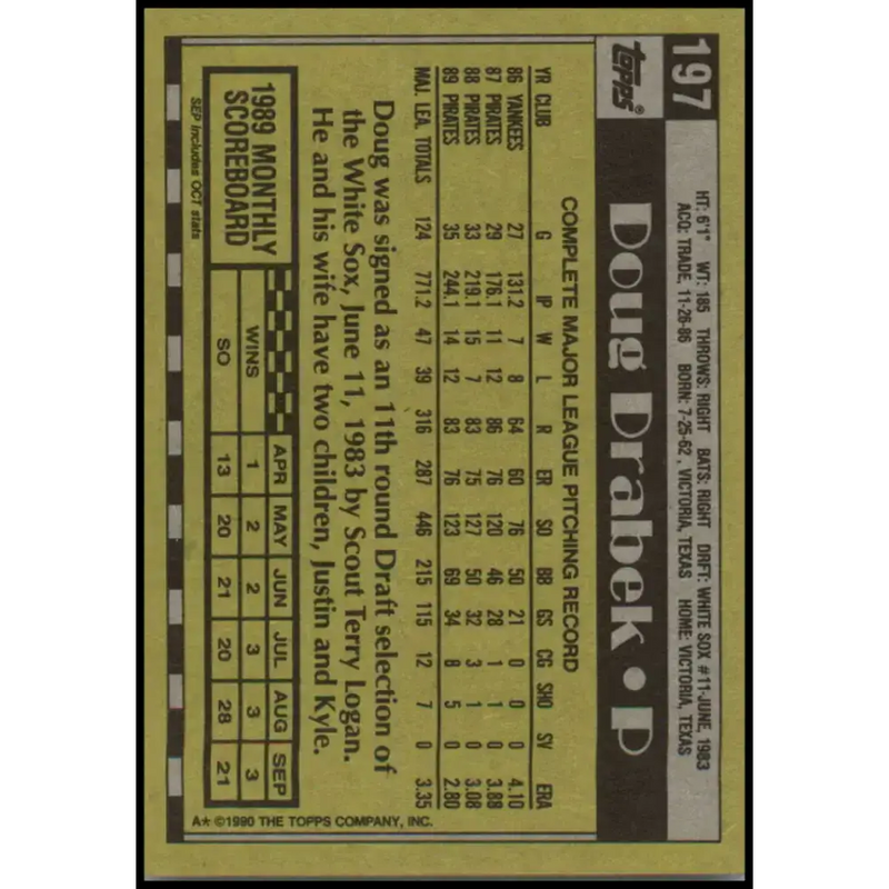1990 Topps #197 Doug Drabek NM-MT Pittsburgh Pirates Baseball Card - Baseball Card Single