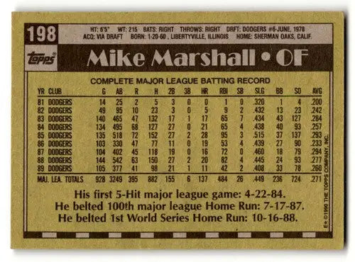 Original gloss Mike Marshall Los Angeles Dodgers baseball card from 1990 Topps #198