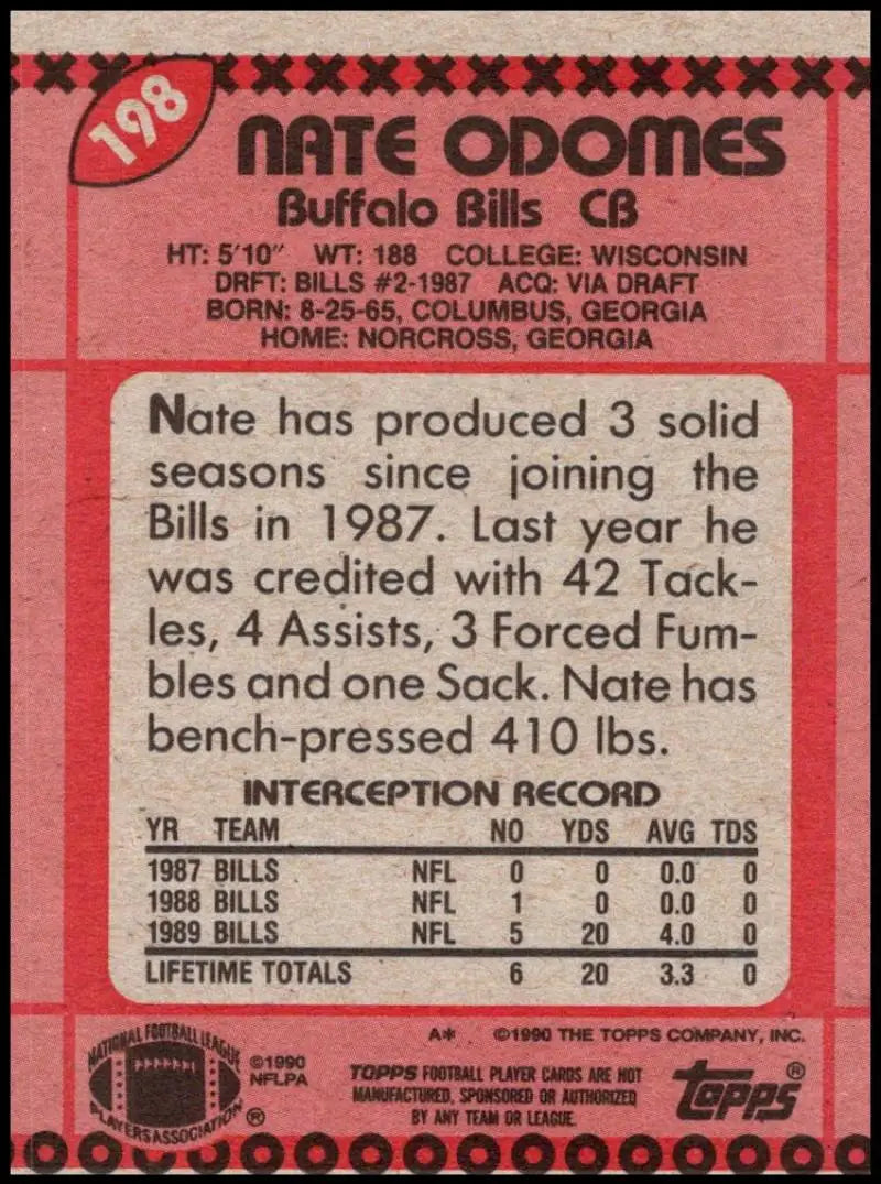 1990 Topps #198 Nate Odomes EX Excellent RC Rookie Buffalo Bills Football Card - Football Card Single