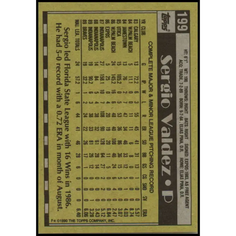 1990 Topps #199 Sergio Valdez NM-MT RC Rookie Atlanta Braves Baseball Card - Baseball Card Single