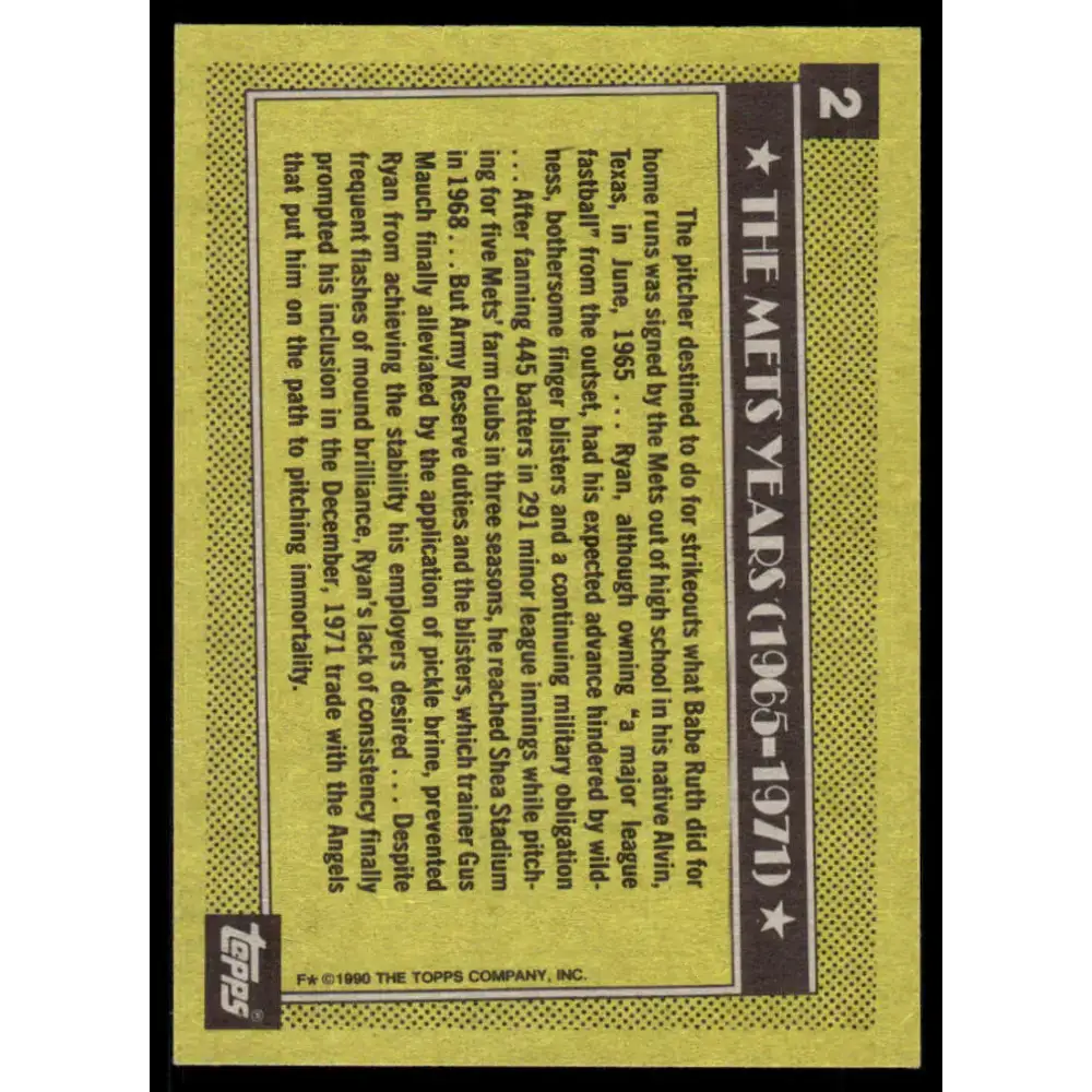 1990 Topps #2 Nolan Ryan EX/NM New York Mets Baseball Card