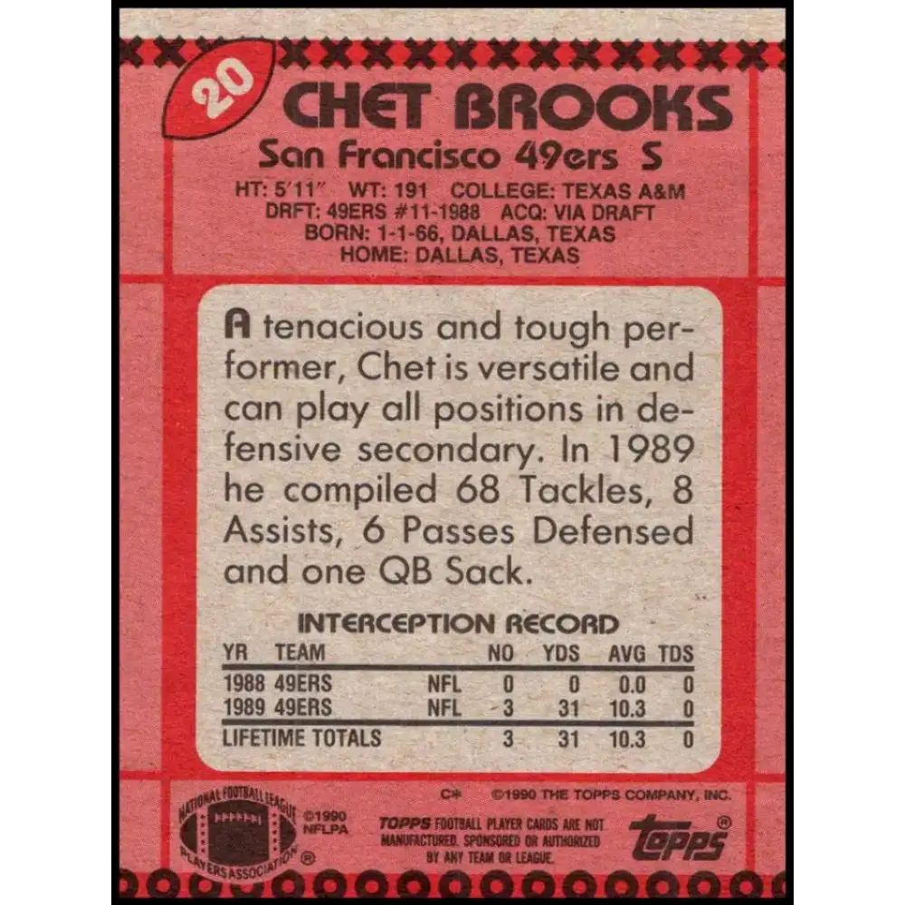 1990 Topps #20 Chet Brooks EX Excellent RC Rookie San Francisco 49ers Football Card - Football Card Single