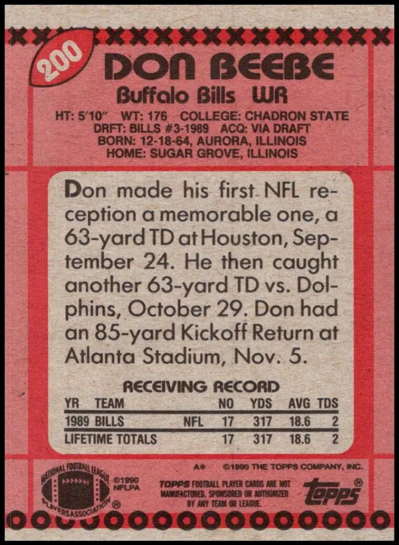 1990 Topps #200 Don Beebe EX Excellent Buffalo Bills Football Card - Football Card Single