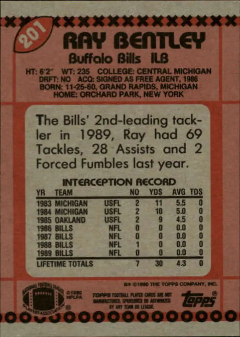 1990 Topps #201 Ray Bentley EX Excellent Buffalo Bills Football Card - Football Card Single