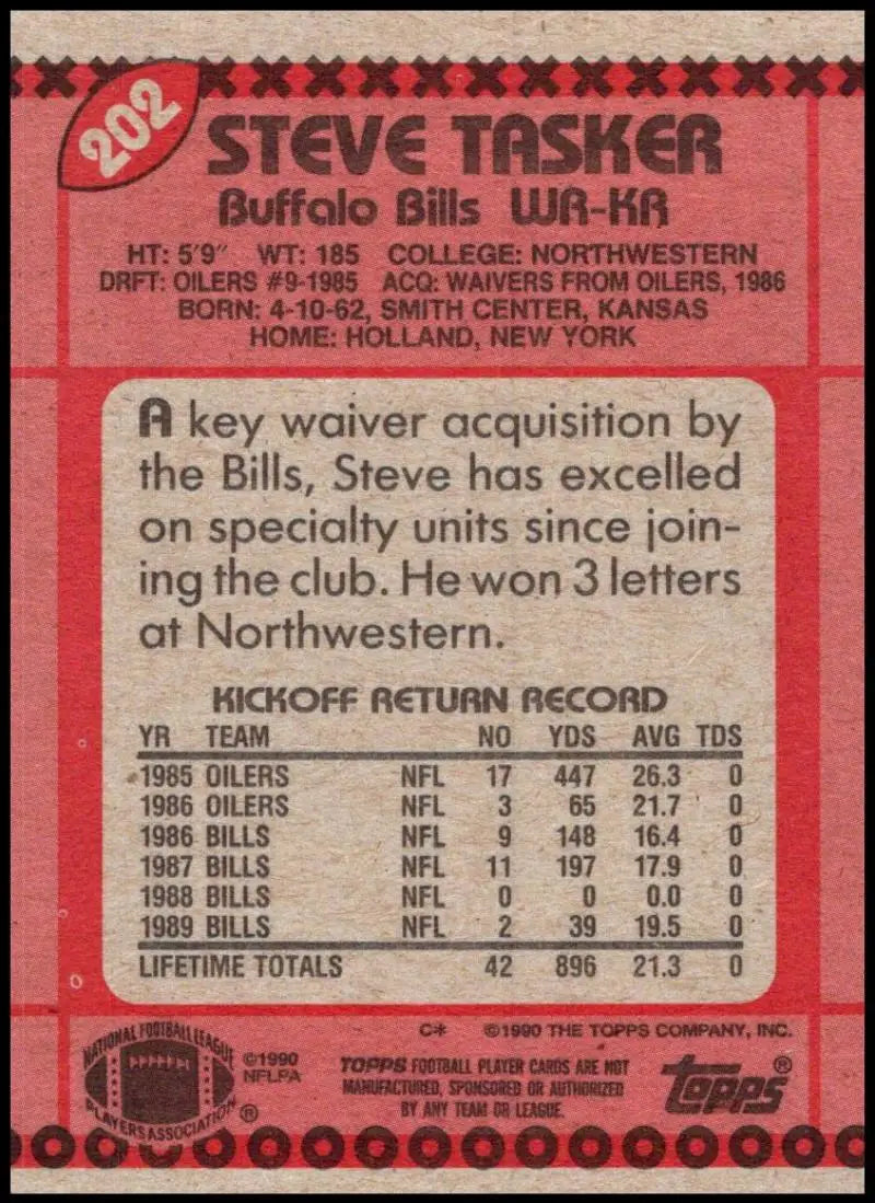 1990 Topps #202 Steve Tasker EX Excellent Buffalo Bills Football Card - Football Card Single