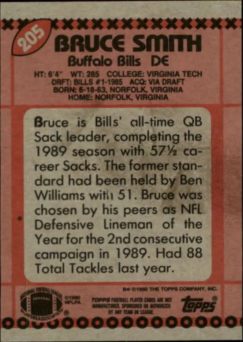 1990 Topps #205 Bruce Smith EX Excellent Buffalo Bills Football Card - Football Card Single