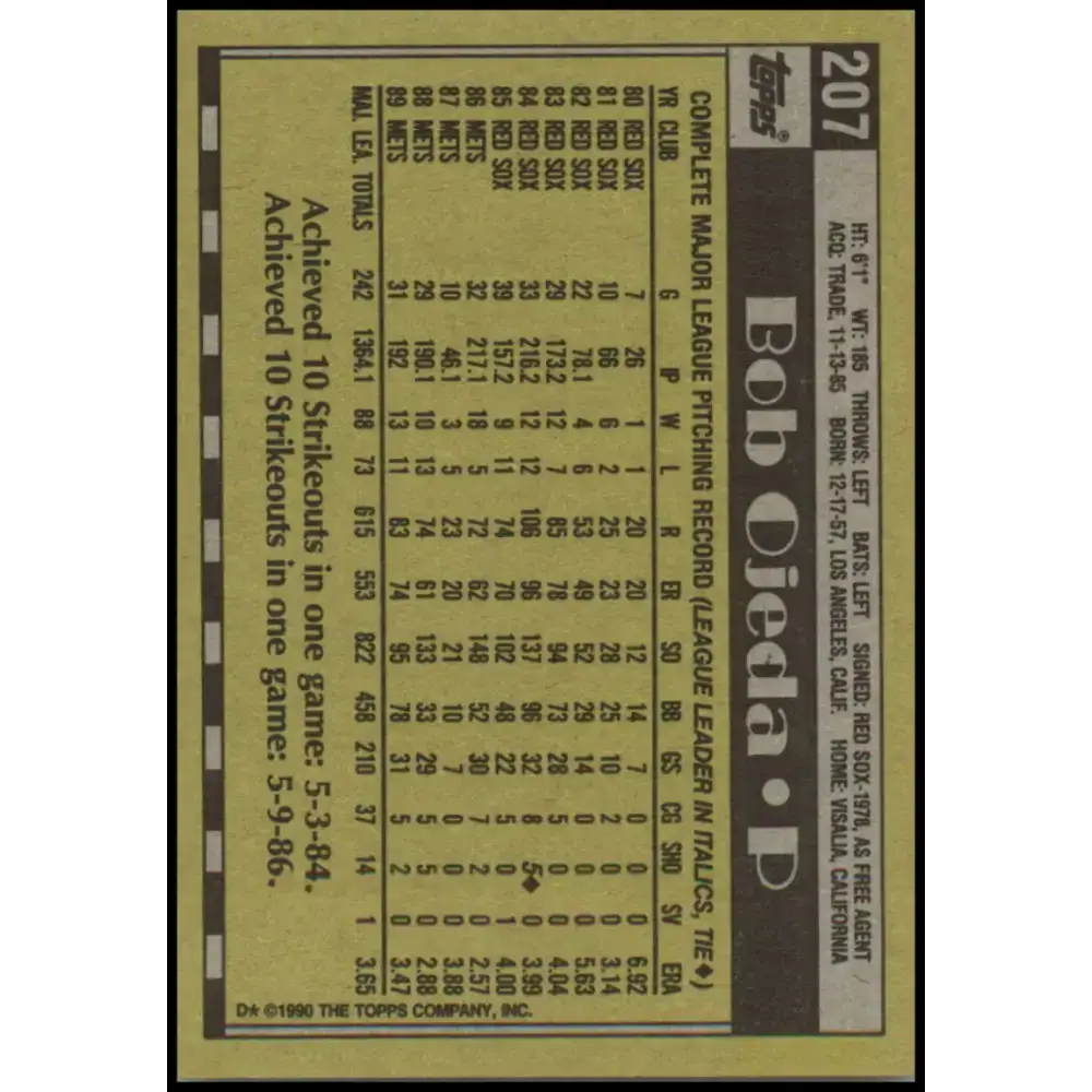 1990 Topps #207 Bob Ojeda NM-MT New York Mets Baseball Card - Baseball Card Single