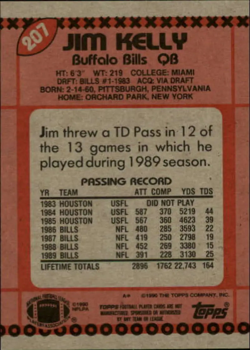 1990 Topps #207 Jim Kelly EX Excellent Buffalo Bills Football Card - Football Card Single