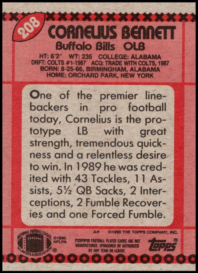 1990 Topps #208 Cornelius Bennett EX Excellent Buffalo Bills Football Card - Football Card Single