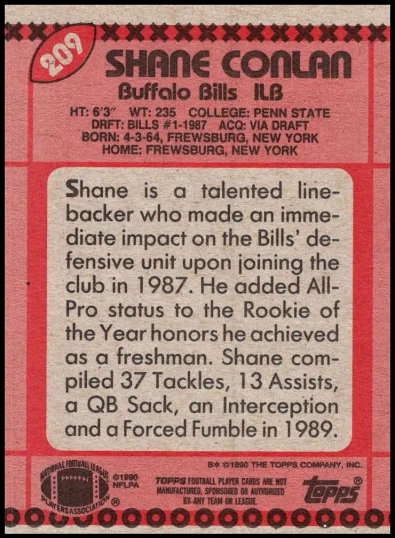 1990 Topps #209 Shane Conlan EX Excellent Buffalo Bills Football Card - Football Card Single