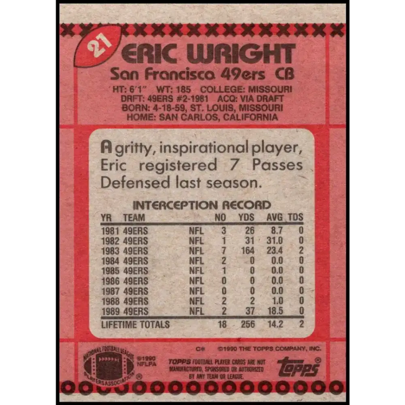 1990 Topps #21 Eric Wright EX Excellent San Francisco 49ers Football Card - Football Card Single