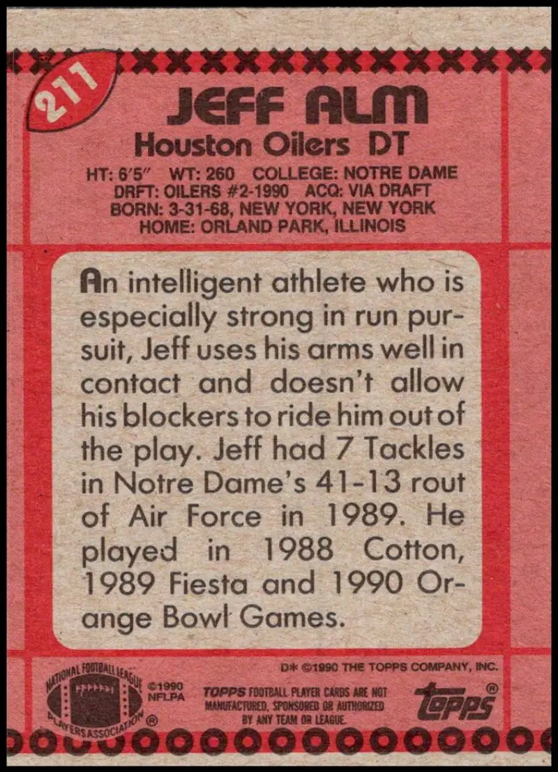 1990 Topps #211 Jeff Alm EX Excellent RC Rookie Houston Oilers Football Card