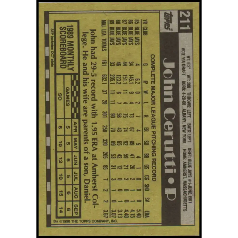 1990 Topps #211 John Cerutti NM-MT Toronto Blue Jays Baseball Card - Baseball Card Single