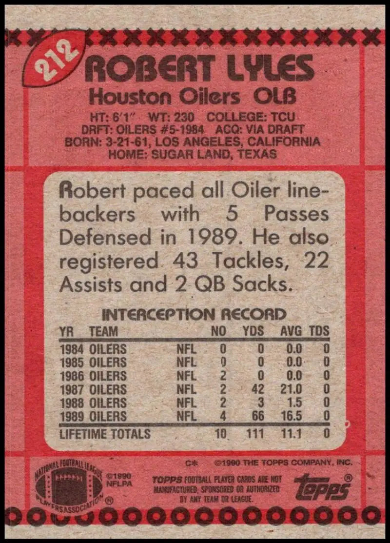 1990 Topps #212 Robert Lyles EX Excellent Houston Oilers Football Card - Football Card Single