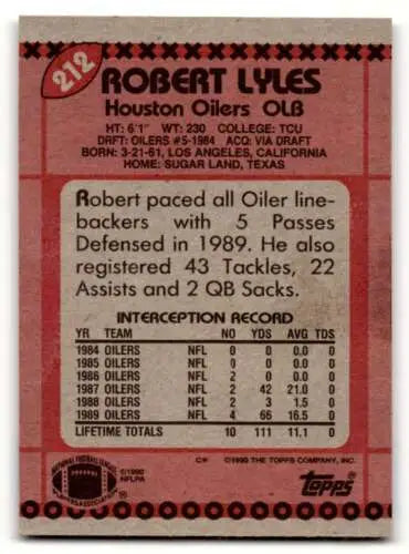 1990 Topps #212 Robert Lyles Houston Oilers football card with original gloss finish