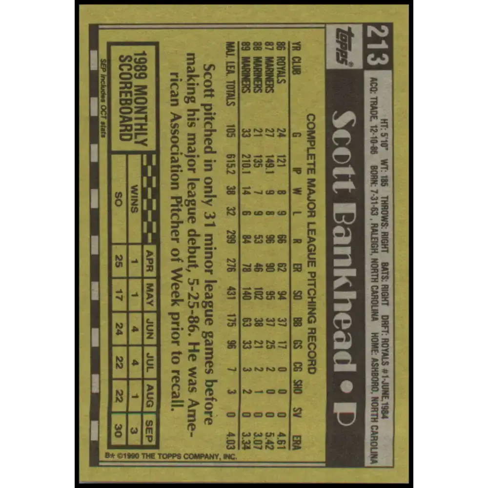 1990 Topps #213 Scott Bankhead NM-MT Seattle Mariners Baseball Card - Baseball Card Single