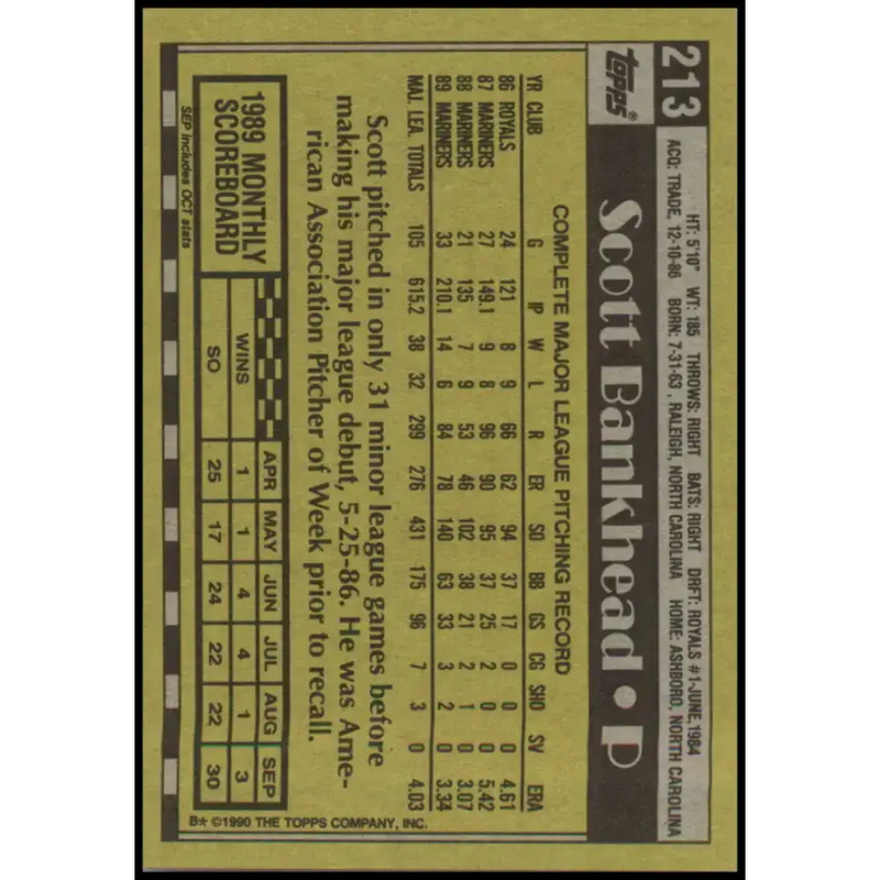 1990 Topps #213 Scott Bankhead NM-MT Seattle Mariners Baseball Card - Baseball Card Single
