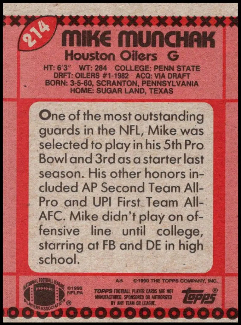 1990 Topps #214 Mike Munchak EX Excellent Houston Oilers Football Card - Football Card Single