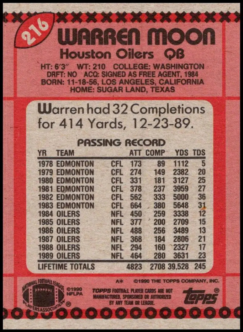 1990 Topps #216 Warren Moon EX Excellent Houston Oilers Football Card