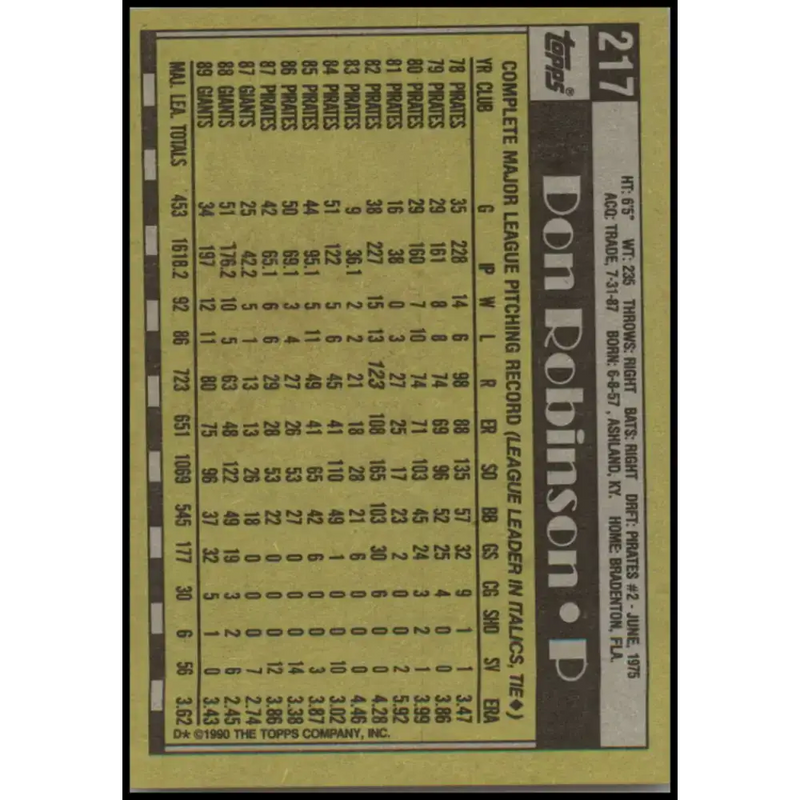 1990 Topps #217 Don Robinson NM-MT San Francisco Giants Baseball Card - Baseball Card Single