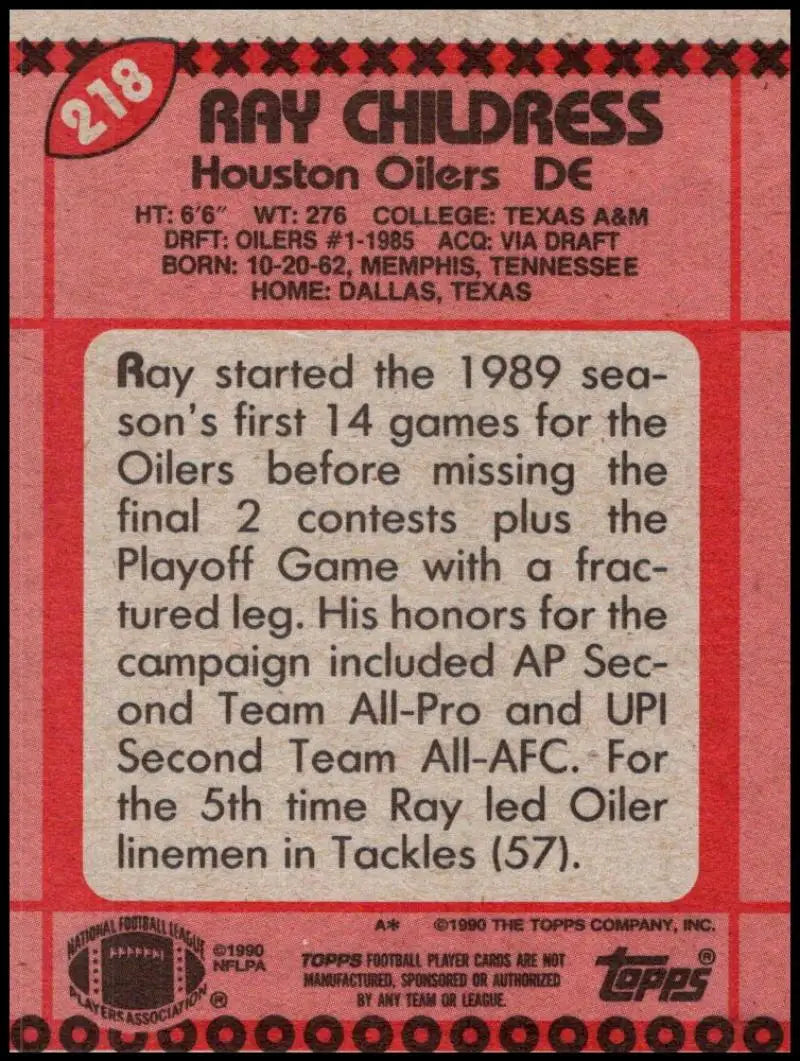 1990 Topps #218 Ray Childress EX Excellent Houston Oilers Football Card - Football Card Single