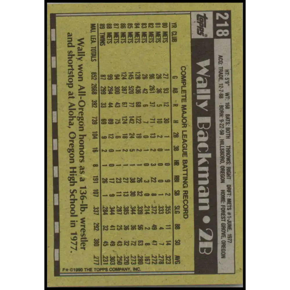 1990 Topps #218 Wally Backman NM-MT Minnesota Twins Baseball Card - Baseball Card Single