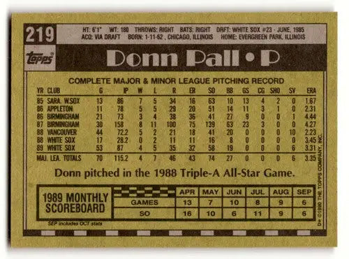 Donn Pall Chicago White Sox baseball card from 1990 Topps series, EX/NM condition