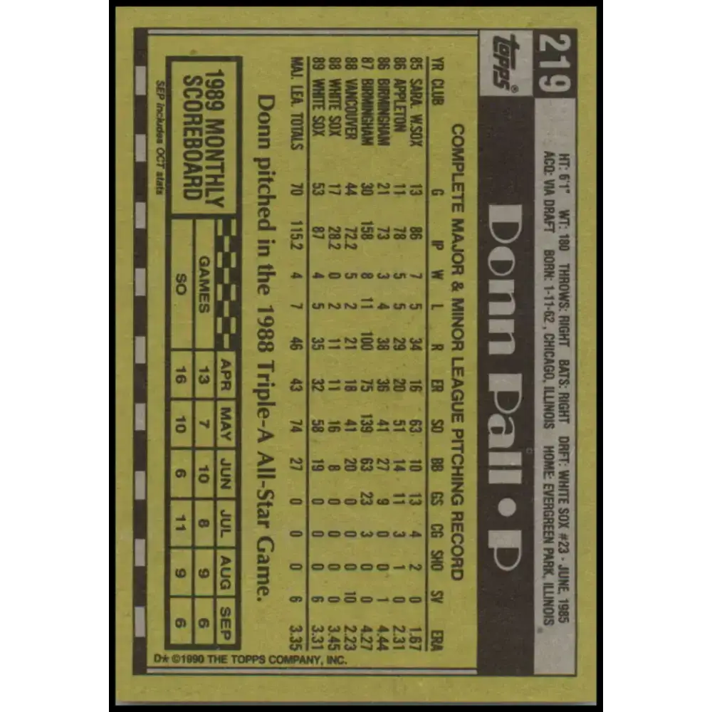 1990 Topps #219 Donn Pall NM-MT Chicago White Sox Baseball Card - Baseball Card Single