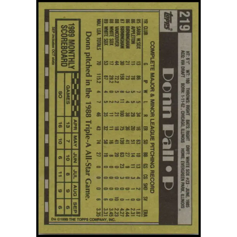 1990 Topps #219 Donn Pall NM-MT Chicago White Sox Baseball Card - Baseball Card Single