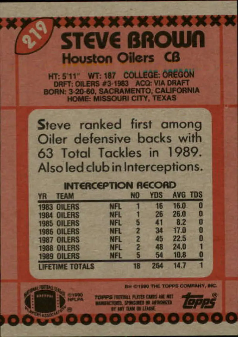 1990 Topps #219 Steve Brown EX Excellent Houston Oilers Football Card - Football Card Single