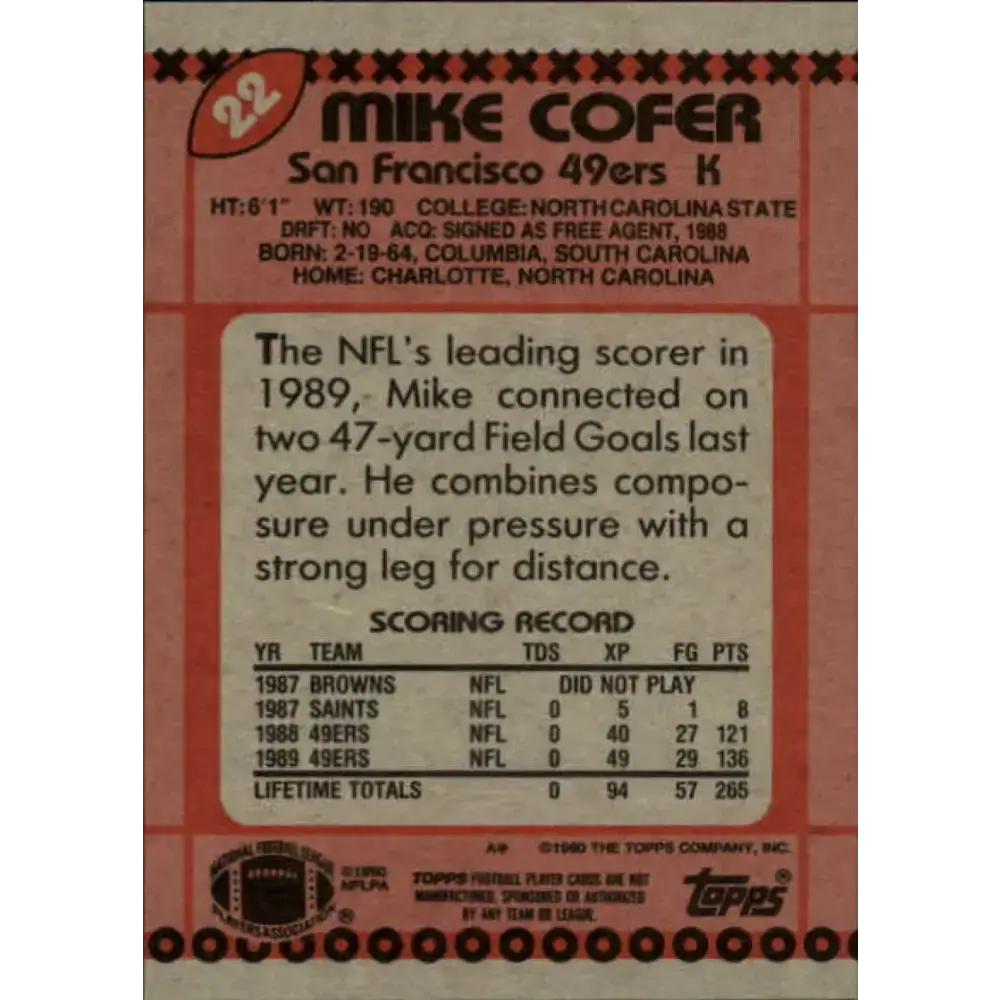 1990 Topps #22 Mike Cofer EX Excellent San Francisco 49ers Football Card