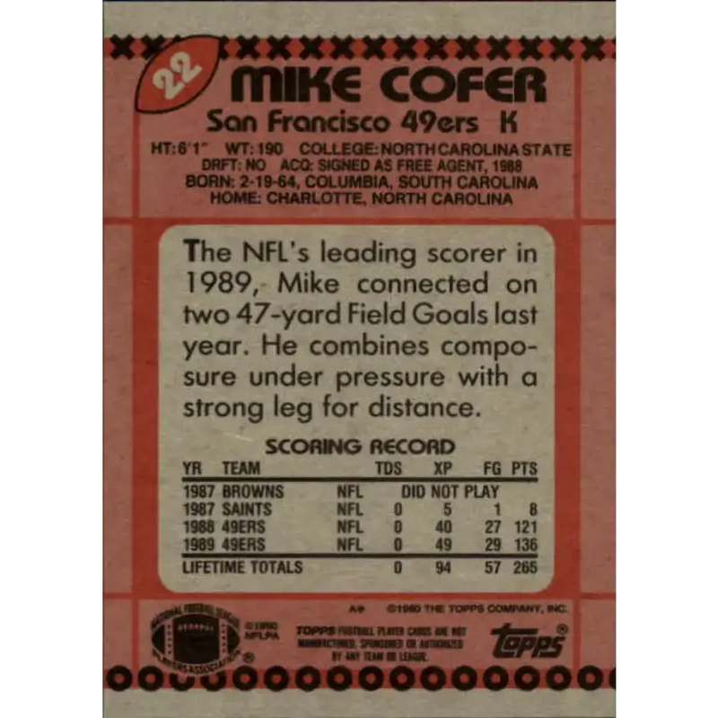 1990 Topps #22 Mike Cofer EX Excellent San Francisco 49ers Football Card