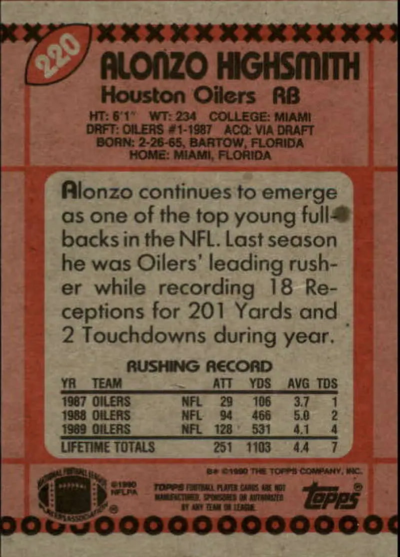 1990 Topps #220 Alonzo Highsmith EX Excellent Houston Oilers Football Card - Football Card Single