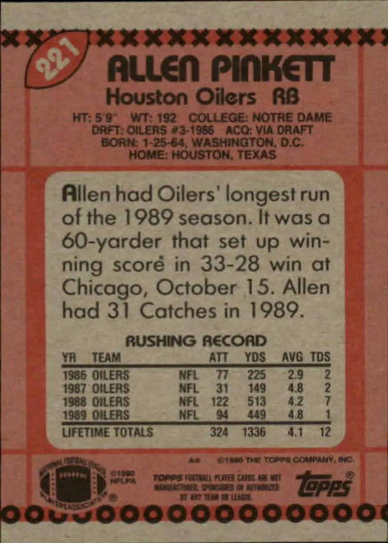 1990 Topps #221 Allen Pinkett EX Excellent Houston Oilers Football Card