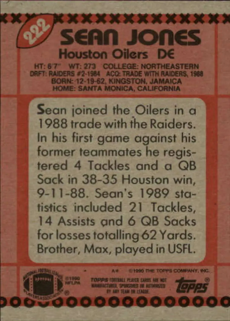 1990 Topps #222 Sean Jones EX Excellent Houston Oilers Football Card - Football Card Single