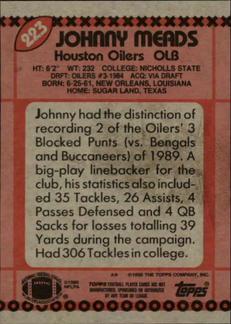 1990 Topps #223 Johnny Meads EX Excellent Houston Oilers Football Card - Football Card Single