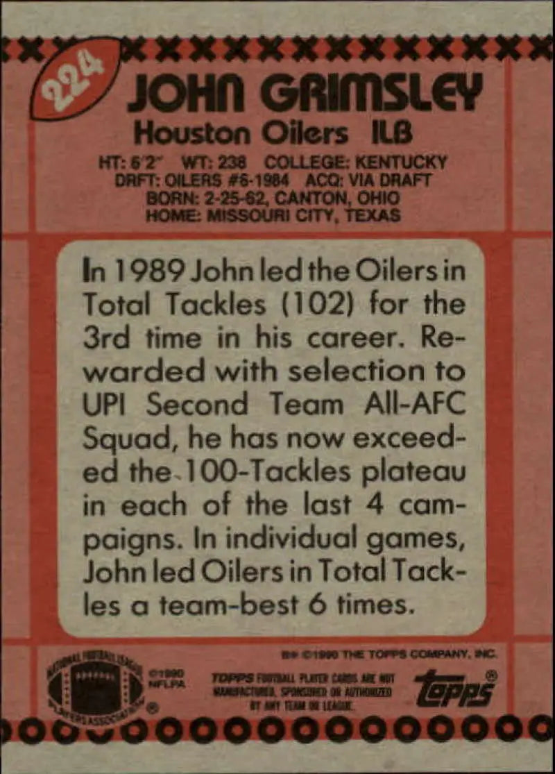 1990 Topps #224 John Grimsley EX Excellent Houston Oilers Football Card - Football Card Single