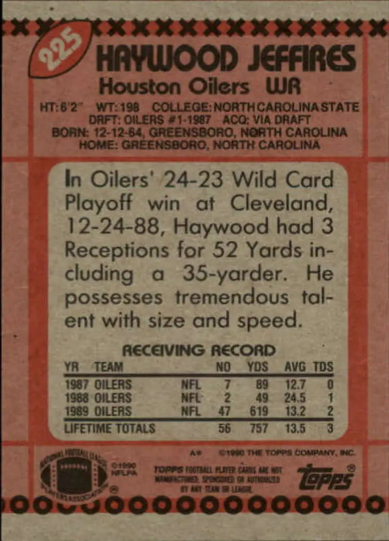 1990 Topps #225 Haywood Jeffires EX Excellent RC Rookie Houston Oilers Football Card - Football Card Single
