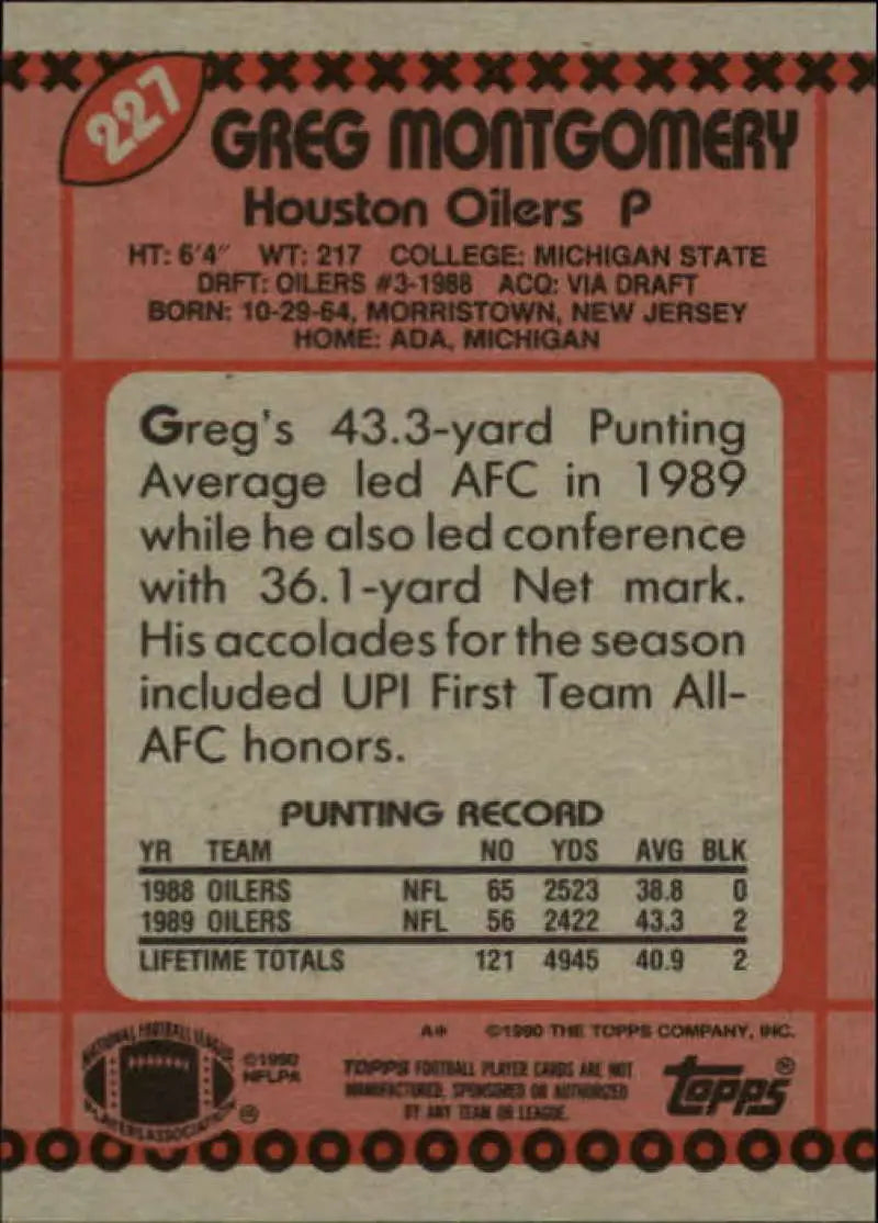 1990 Topps #227 Greg Montgomery EX Excellent RC Rookie Houston Oilers Football Card - Football Card Single
