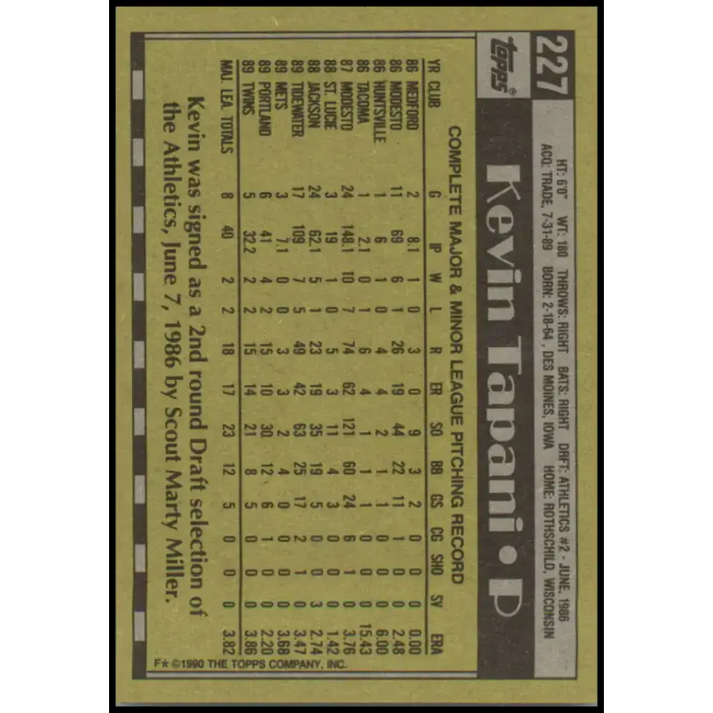1990 Topps #227 Kevin Tapani NM-MT RC Rookie Minnesota Twins Baseball Card - Baseball Card Single