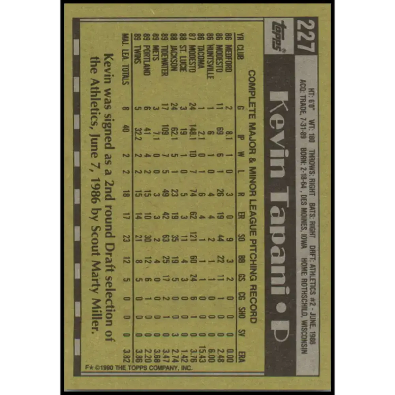 1990 Topps #227 Kevin Tapani NM-MT RC Rookie Minnesota Twins Baseball Card - Baseball Card Single