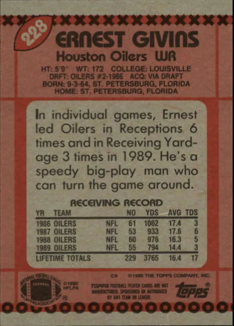 1990 Topps #228 Ernest Givins EX Excellent Houston Oilers Football Card - Football Card Single