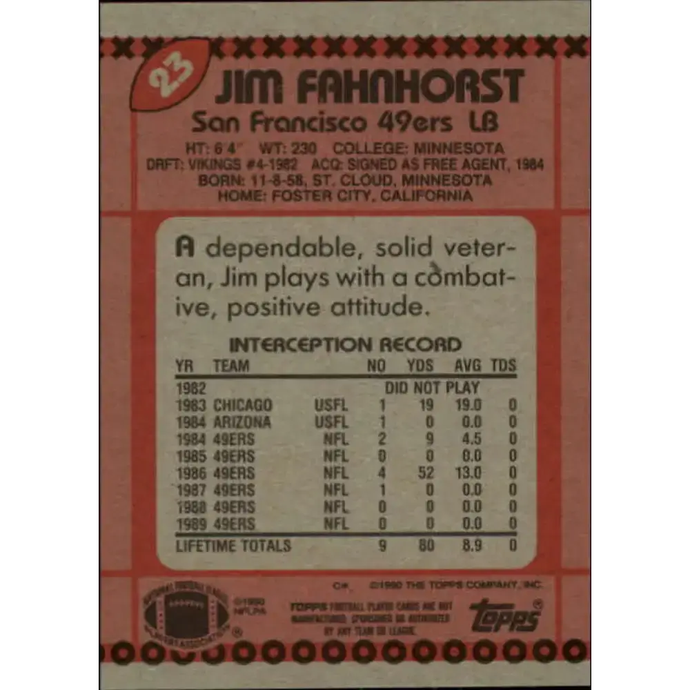 1990 Topps #23 Jim Fahnhorst EX Excellent San Francisco 49ers Football Card - Football Card Single