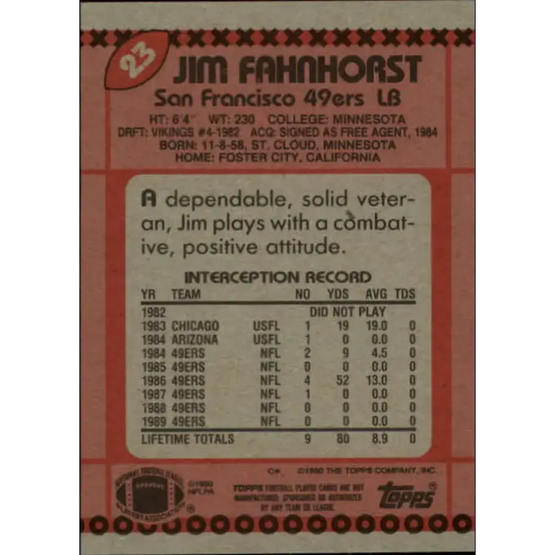 1990 Topps #23 Jim Fahnhorst EX Excellent San Francisco 49ers Football Card - Football Card Single